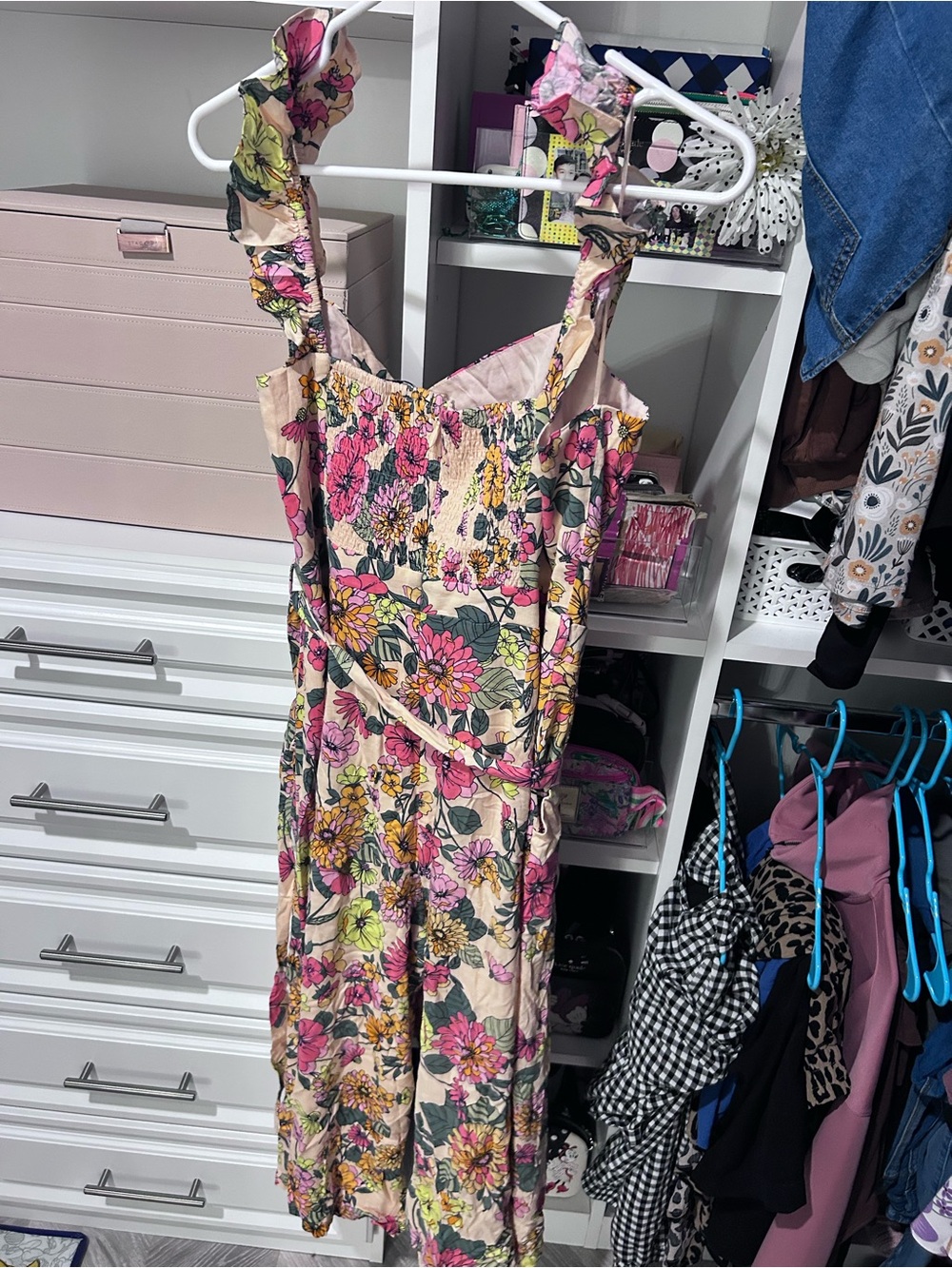 Baltic Born Pink Floral Ruffled-Shoulder Midi Jumpsuit